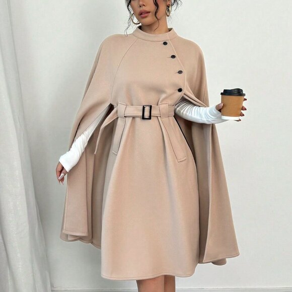 Jackets & Blazers - Khaki Elegant Women's Casual Cape Sleeve Button Decor Wool Blend Jacket